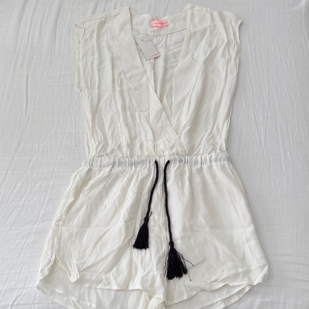 re:named White Romper with Black Tassel Tie